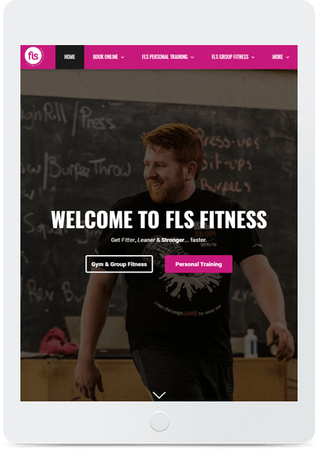 Mockup of the FLS Fitness website on tablet designed by Red Robin Creative
