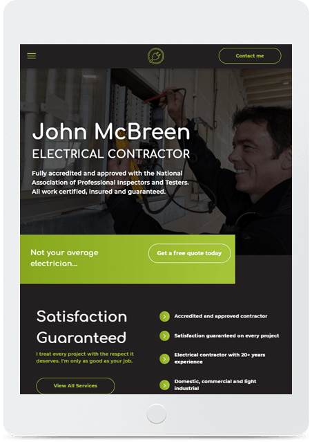 Mockup of the John McBreen Electrical Contractors website on tablet designed by Red Robin Creative