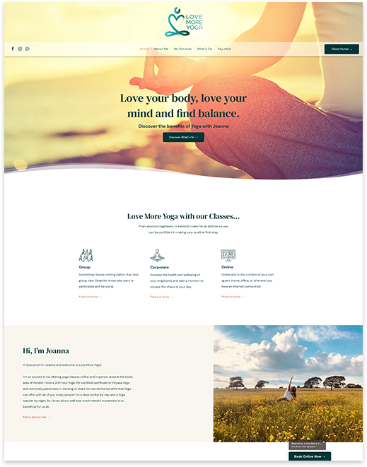 Mockup of the Love More Yoga website on desktop designed by Red Robin Creative