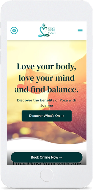 Mockup of the Love More Yoga website on mobile designed by Red Robin Creative
