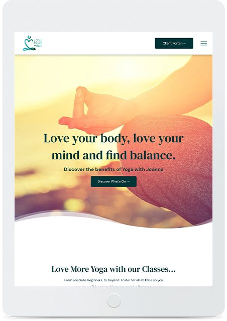 Mockup of the Love More Yoga website on tablet designed by Red Robin Creative