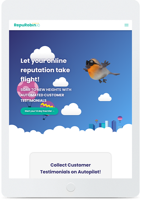 Mockup of the RepuRobin website on tablet designed by Red Robin Creative